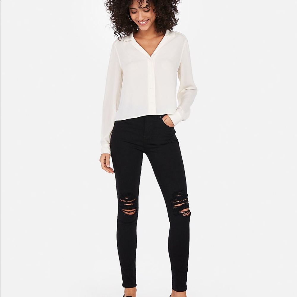 Express High Waisted Black Ripped Jean Leggings - Picture 2 of 5